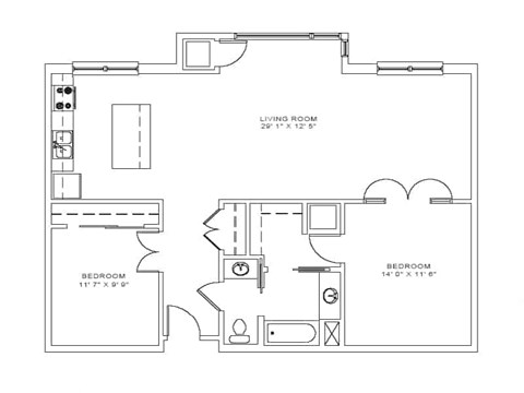 Floor plan for 2 beds, 1 bath, 1068 sqft